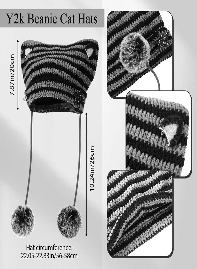 Silicherry Y2k Beanie Cat Crochet Hats Cat Beanie Accessories with Kawaii Leg Cover for Women Girls(Black,Gray,Classic) - Image 2
